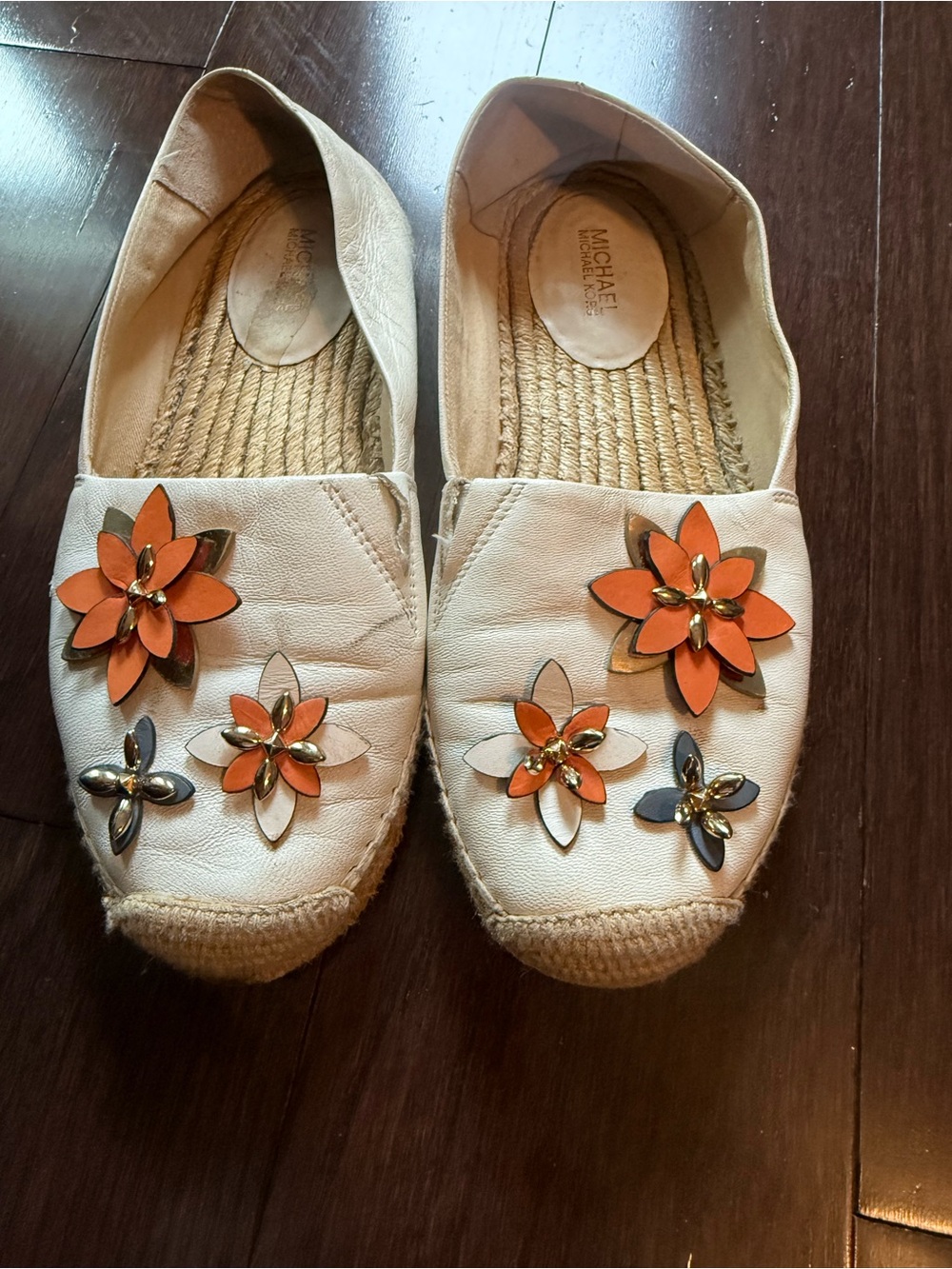 Michael Kors Cream Espadrilles with Orange and Gold Floral Embellishments